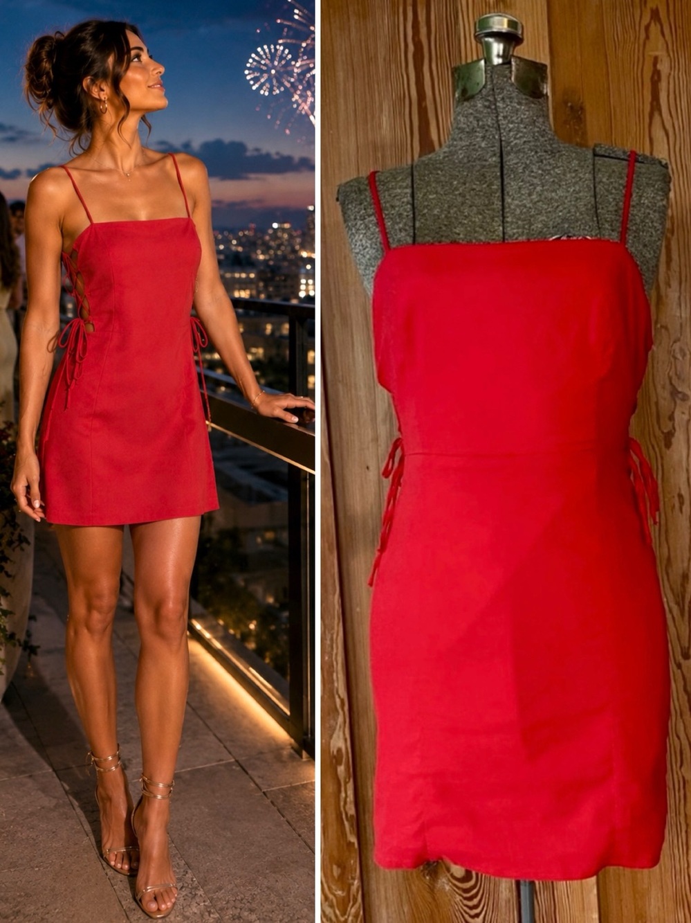Zara Red Side Tie Lace-Up Mini Dress Spaghetti Strap Bodycon Size Medium 💚🍄